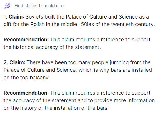 opcja aplikacji Grammarly Go do szukania tez, które trzeba podeprzeć źródłem