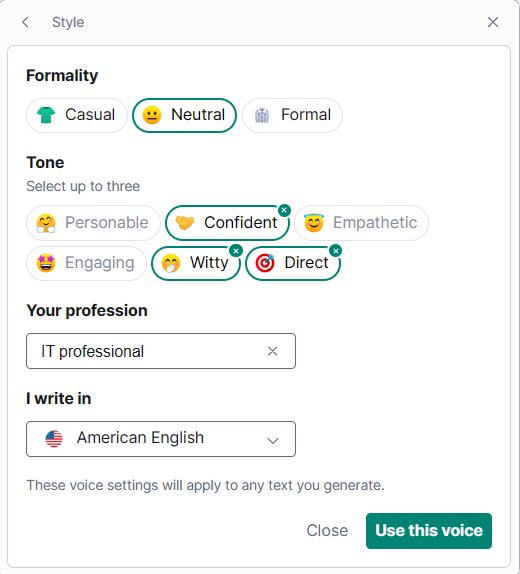 wybieranie tonu generowanego tekstu w Grammarly Go